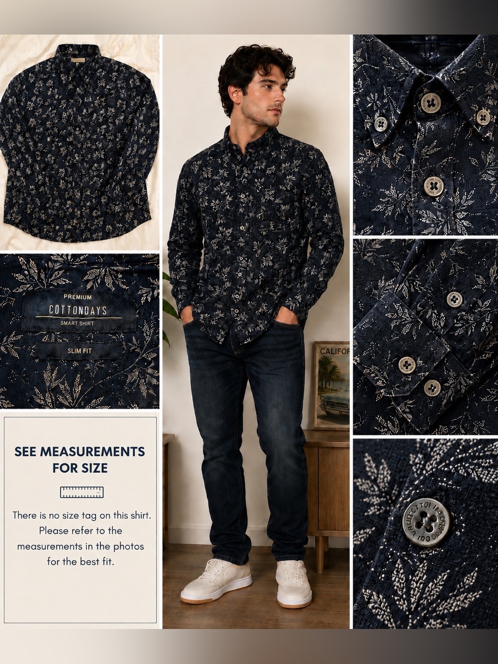 Cottondays Men’s Navy Botanical Leaf Print Slim Fit Button Down Shirt L
